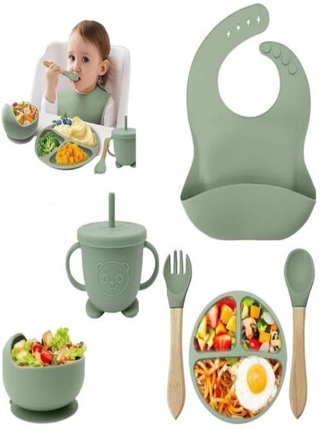 REMICH Baby Feeding Set of 6Pcs - Food Grade Toddlers Silicone Food Plate Sipping Cup Bowl Set with Silicone Bib, Baby Cutleries - Self-Feeding Tableware Set for Toddlers, Stabilizable (Green) - Image 1