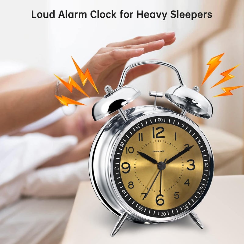 Peakeep Loud Alarm Clock for Heavy Sleepers Adults, Metal 4.5" Twin Bell Battery Operated Alarm Clocks for Bedrooms Decoration (Golden)… - Image 2