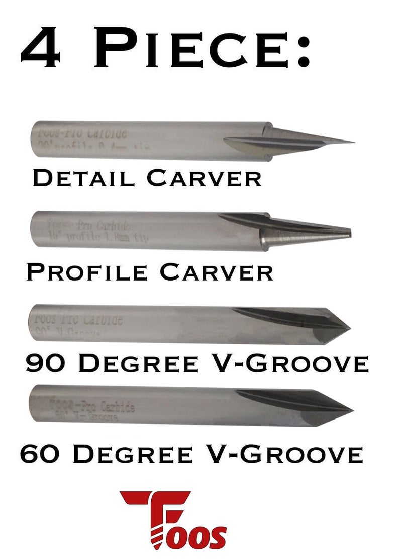 foos - Engraving CNC Wood Carving Router Bit Set - 4pcs - Solid Carbide - 1/4” Shanks = Profile + Carving Liner + 2 V Groove USA Veteran Owned - Image 2