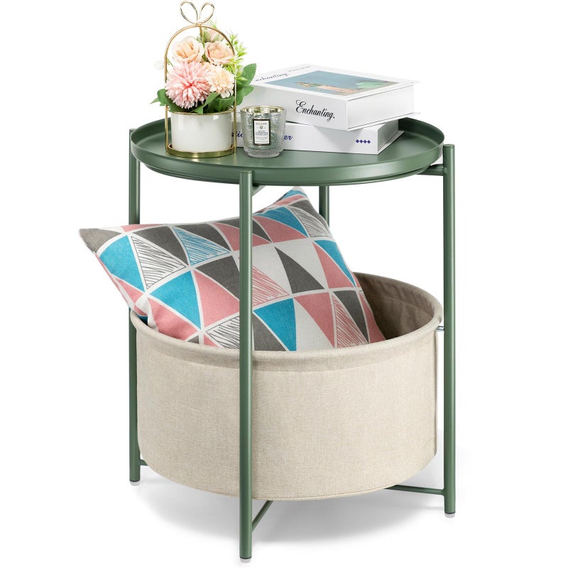 danpinera Round Side Table with Fabric Storage Basket Metal Side Table Small Bedside Nightstand with Removable Tray for Living Room Bedroom Nursery Dark Green