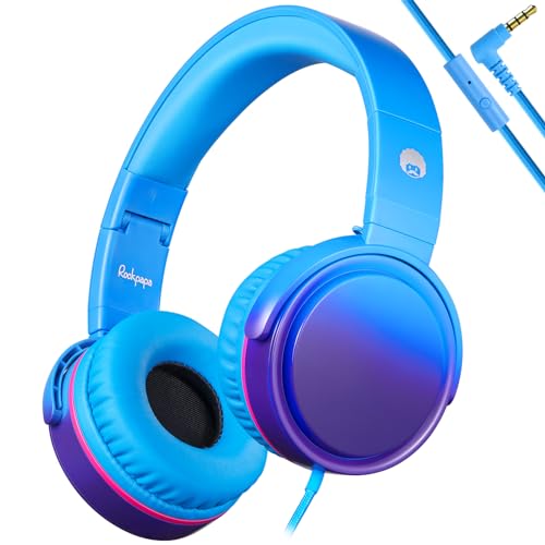 rockpapa Grade Wired Headphones with Microphone, Lightweight Foldable Stereo Bass Headphones with No-Tangle Cord & 3.5mm Jack for Adult/Kids, Laptop Tablet Airplane Chromebooks Blue - Image 1