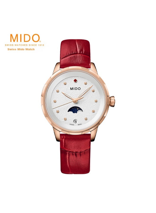 Mido Swiss Watch, Huaxi Moonphase Model, Vintage Red, Fashionable And Elegant, Leather Strap Women's Watch, Gift For Girlfriend, New Year Present