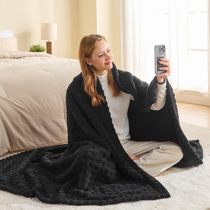 NEWCOSPLAY Super Soft Twin Blanket Black Premium Silky Flannel Fleece 3D Waffle Checkered Lightweight Bed Blanket All Season Use (Black  Twin(60""x80"")) - Image 3