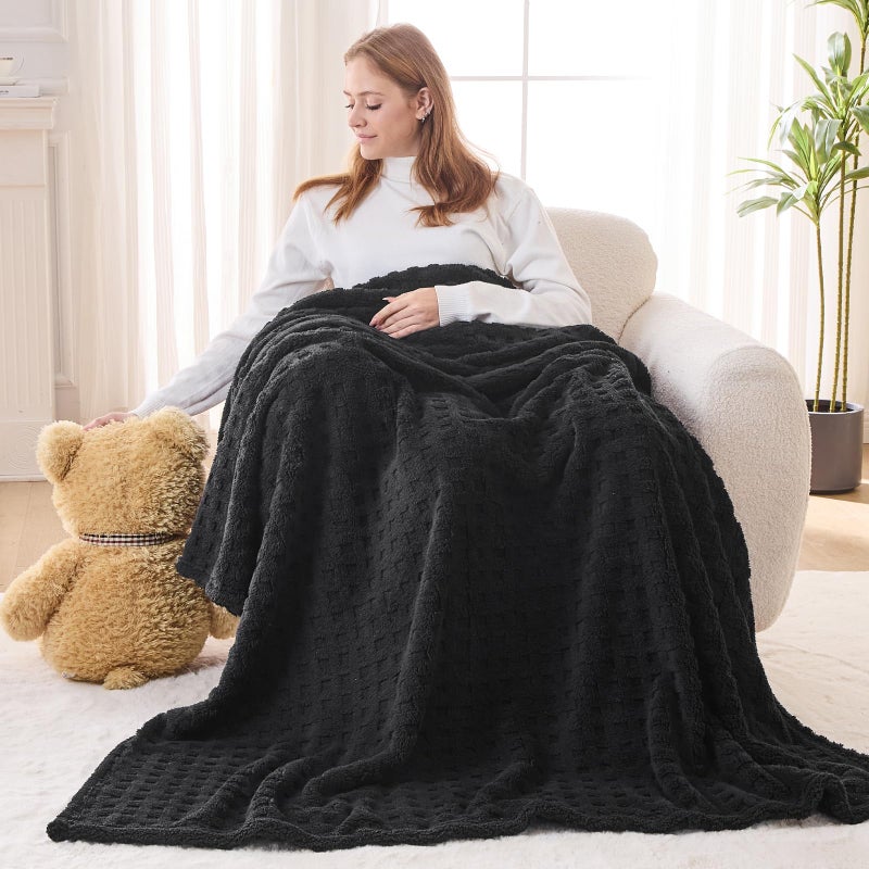 NEWCOSPLAY Super Soft Twin Blanket Black Premium Silky Flannel Fleece 3D Waffle Checkered Lightweight Bed Blanket All Season Use (Black  Twin(60""x80"")) - Image 2