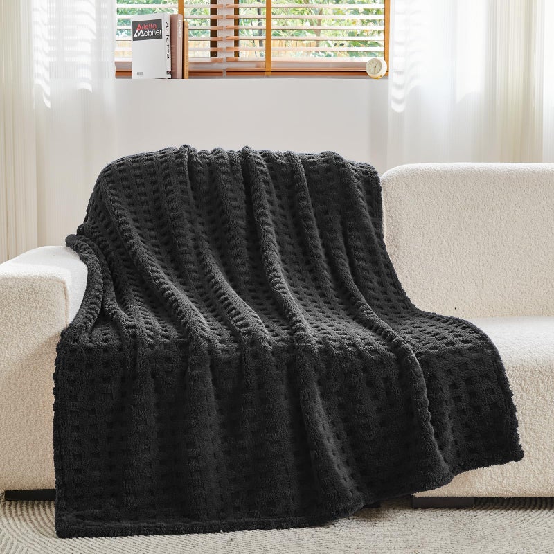 NEWCOSPLAY Super Soft Twin Blanket Black Premium Silky Flannel Fleece 3D Waffle Checkered Lightweight Bed Blanket All Season Use (Black  Twin(60""x80"")) - Image 4