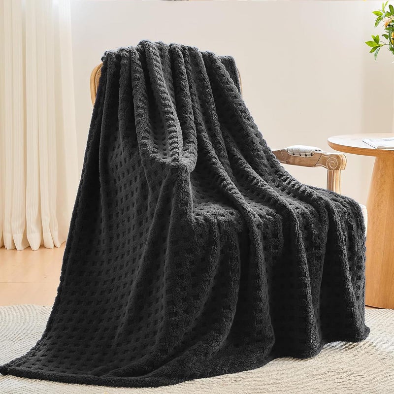 NEWCOSPLAY Super Soft Twin Blanket Black Premium Silky Flannel Fleece 3D Waffle Checkered Lightweight Bed Blanket All Season Use (Black  Twin(60""x80"")) - Image 1