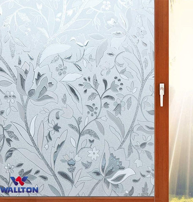 WALLTON Privacy Vinyl Frosted Window Film Glass Sticker Self-Adhesive Film Tint Wallpaper Opaque Sheet for Glass Privacy Cover Window, Door, Office, Home.| Anti-UV. (16x192 Inch, Lotus Flowers) - Image 1