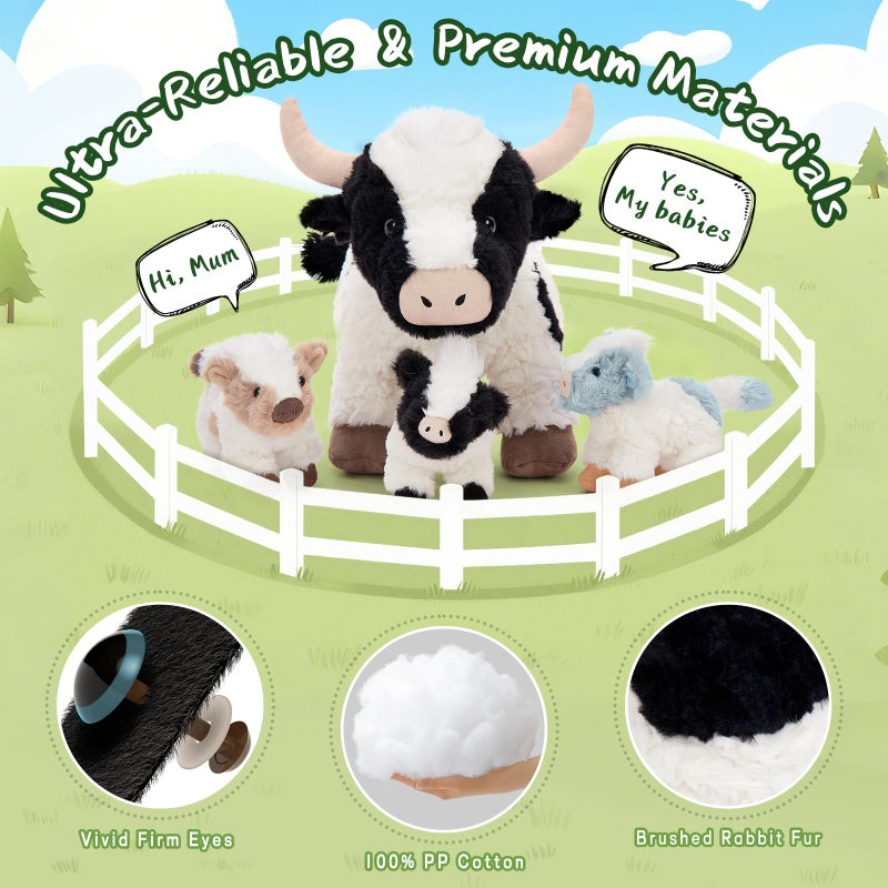 BENINY 4Pcs Cow Plush Toy Set, Mommy Cow Stuffed Animal with 3 Adorable Calf Babies in Mom's Belly, 20" Soft Farm Aniaml for Girls Boys Kids, Christmas Birthday Gift - Image 5