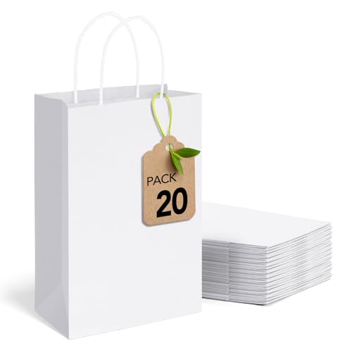 MESHA Gift Paper Bags 20Pcs 5.25 x 3.75 x 8 Inch White Small Kraft Shopping Bags Bulk with Handles, Reusable Bags for Small Business, Retail, Party Favor, Wedding, Made in USA - Image 1