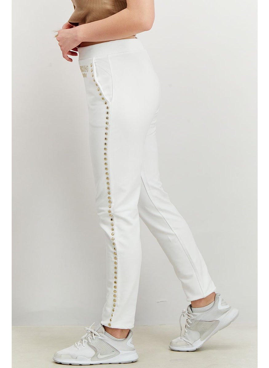 MOSCHINO - Women Elastic Waist  Stud Pants, White - Image 1