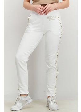 Women Elastic Waist  Stud Pants, White