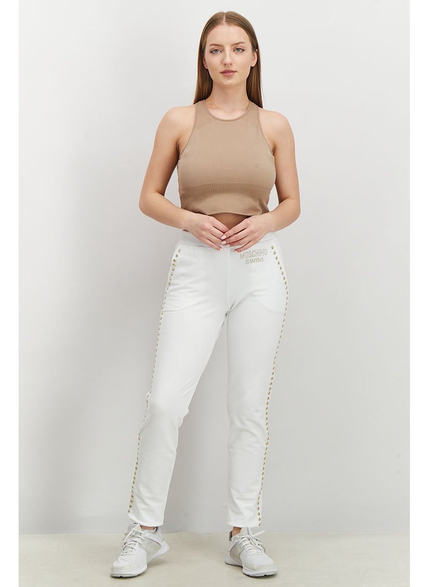 MOSCHINO - Women Elastic Waist  Stud Pants, White - Image 1
