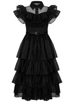 GGEROU Girls Black Dress Girl Party Prom Costume Black Mesh Tulle Skirt with Belt  - Image 1