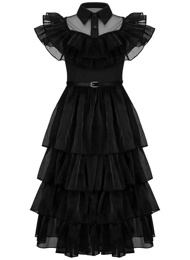 GGEROU Girls Black Dress Girl Party Prom Costume Black Mesh Tulle Skirt with Belt  - Image 1