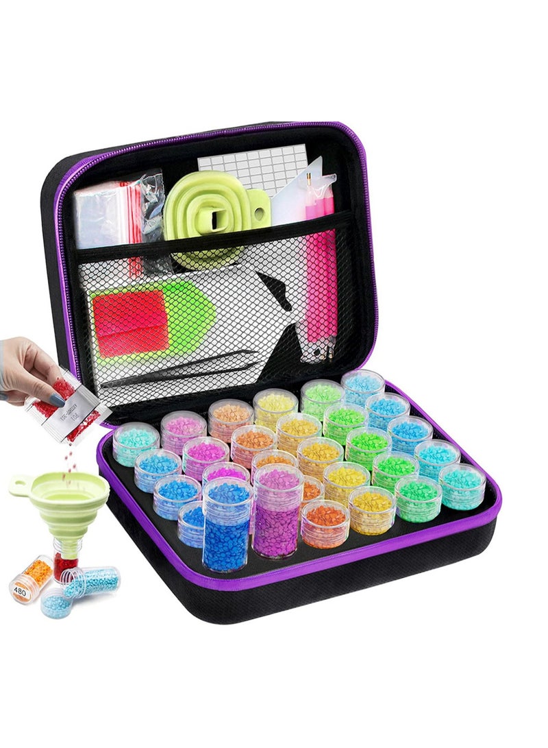 (Black Purple 30 Compartments) DIY Diamond Painting Storage Box, Transparent Plastic Diamond Embroidery Box, Shockproof Art Craft Jewelry Jewelry Storage Box, Large Capacity Tote Bag Zipper Design - Image 1