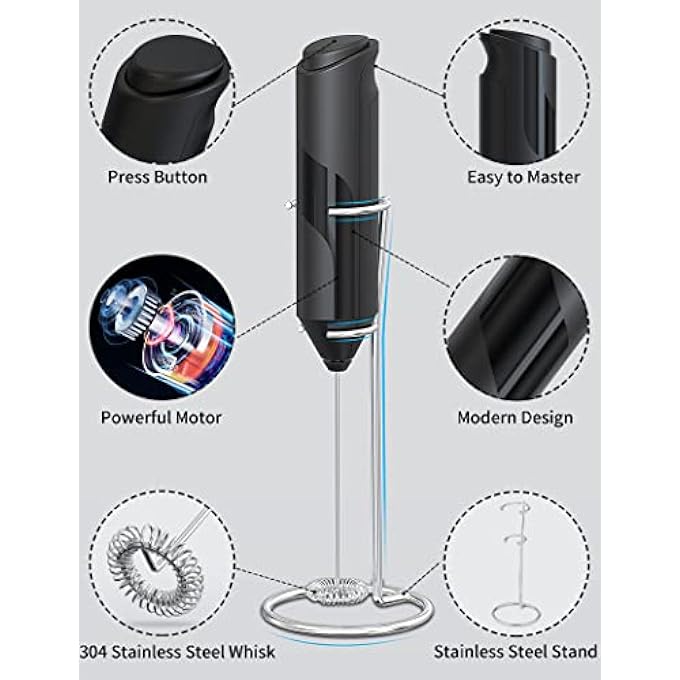 AdanZst Handheld Milk Frother With Stand Powerful Battery Operated Coffee Frother Mini Electric Drink Mixer For Whisk Coffee Lattes Cappuccino Matcha Hot Chocolate Black - Image 4