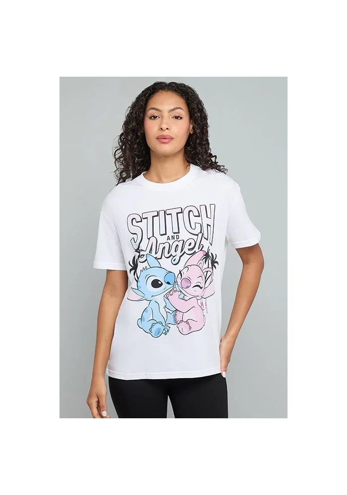 R&b Angel & Stitch Print T-Shirt with Crew Neck and Short Sleeves