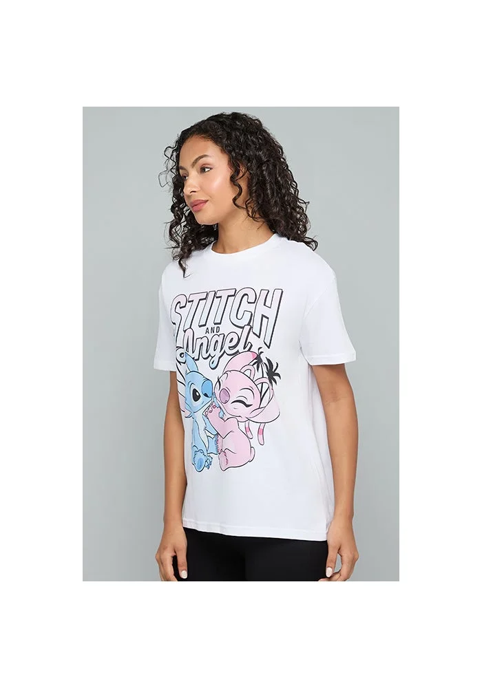 R&b Angel & Stitch Print T-Shirt with Crew Neck and Short Sleeves