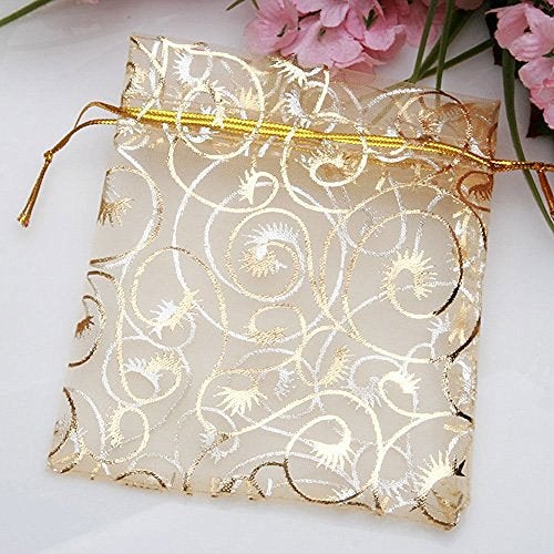GBSTORE 100 Pcs Champagne Eyelash Organza Drawstring Pouches Jewelry Party Wedding Favor Gift Bags Gold Color Perfect Lace - Image 2