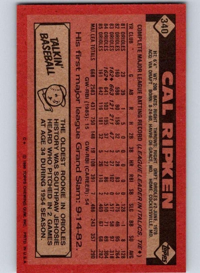 Baseball Cards 1986 Topps Baseball #340 Cal Ripken Jr. Baltimore Orioles Official MLB Trading Card (stock photo used, NM or better guaranteed) - Image 2