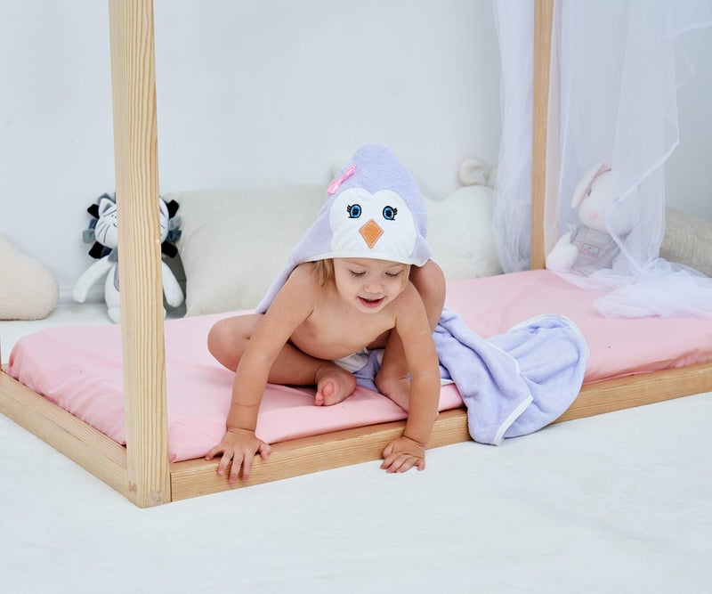 HIPHOP PANDA Hooded Towel - Rayon Made from Bamboo, Bath Towel with Bear Ears for Newborn, Babie, Toddler, Infant - Absorbent Large Baby Towel - Purple Penguin, 30 x 30 Inch - Image 4