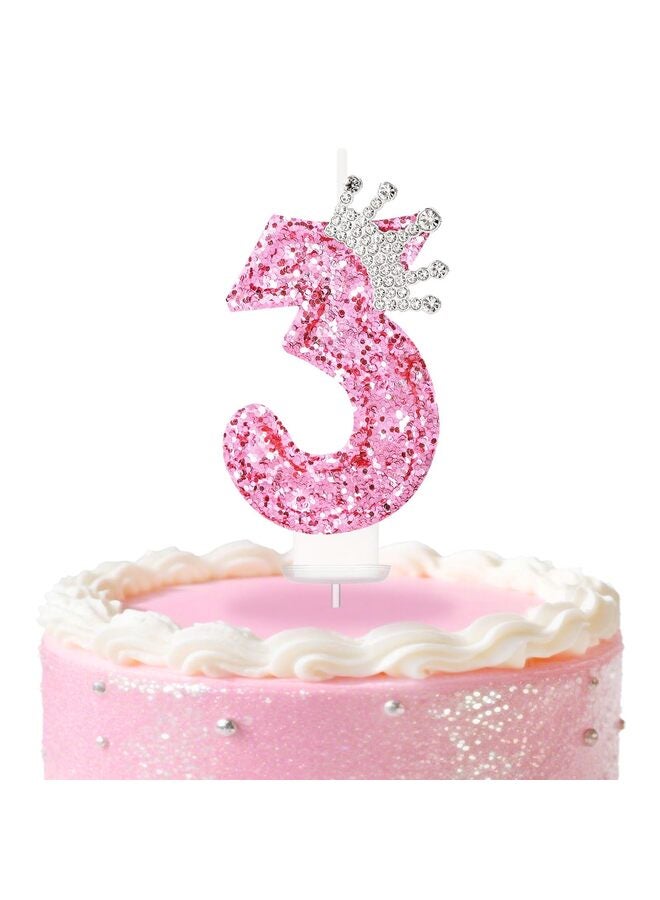 شموع أرقام أعياد الميلاد، شموع عيد ميلاد على شكل تاج وردي للكعكة، زينة كعكة لامعة على شكل شمعة رقم 3 مع ترتر للبنات والنساء، لوازم احتفالات الذكرى السنوية (وردي 3) - Image 1