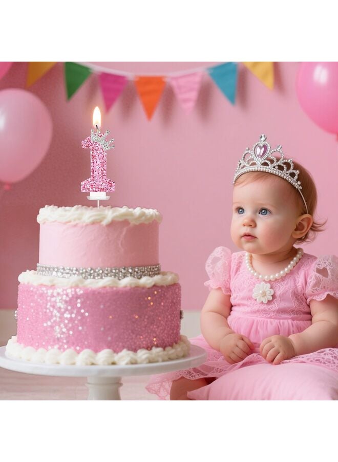 شموع أرقام أعياد الميلاد، شموع عيد ميلاد على شكل تاج وردي للكعكة، زينة كعكة لامعة على شكل شمعة رقم 3 مع ترتر للبنات والنساء، لوازم احتفالات الذكرى السنوية (وردي 3) - Image 5