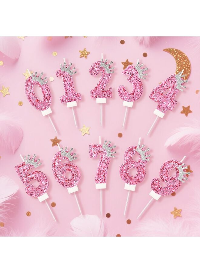شموع أرقام أعياد الميلاد، شموع عيد ميلاد على شكل تاج وردي للكعكة، زينة كعكة لامعة على شكل شمعة رقم 3 مع ترتر للبنات والنساء، لوازم احتفالات الذكرى السنوية (وردي 3) - Image 2