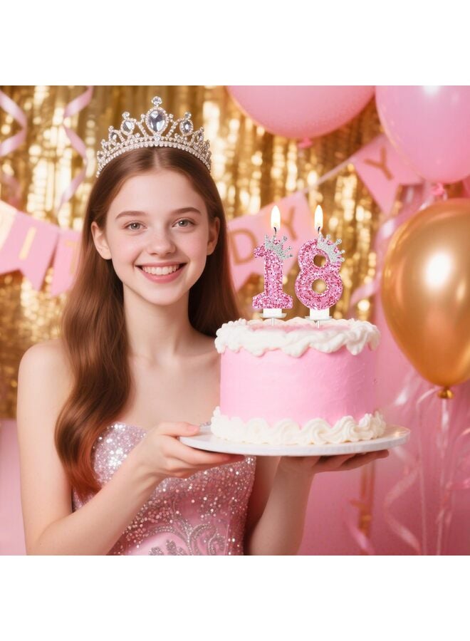 شموع أرقام أعياد الميلاد، شموع عيد ميلاد على شكل تاج وردي للكعكة، زينة كعكة لامعة على شكل شمعة رقم 3 مع ترتر للبنات والنساء، لوازم احتفالات الذكرى السنوية (وردي 3) - Image 4