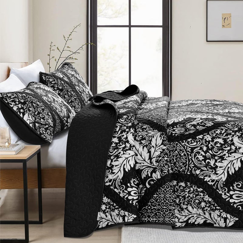 DJY Black Quilt Set California King, Boho Damask Bedspread Coverlet Set Soft Lightweight Microfiber Bedding Set 3 Pieces for All Season (106"x96") - Image 3