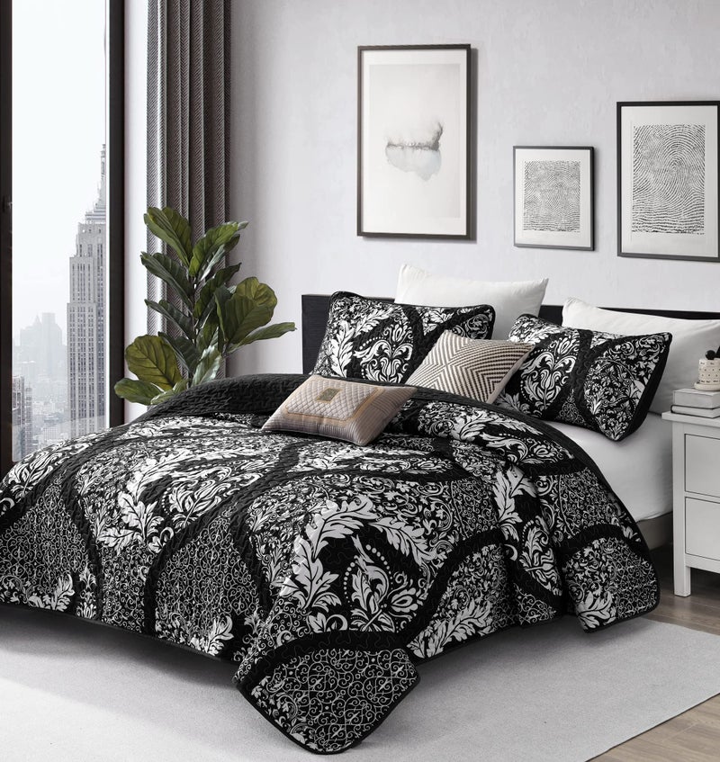 DJY Black Quilt Set California King, Boho Damask Bedspread Coverlet Set Soft Lightweight Microfiber Bedding Set 3 Pieces for All Season (106"x96") - Image 2
