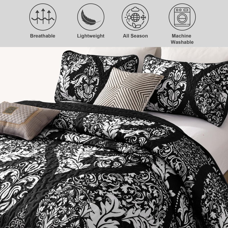 DJY Black Quilt Set California King, Boho Damask Bedspread Coverlet Set Soft Lightweight Microfiber Bedding Set 3 Pieces for All Season (106"x96") - Image 4