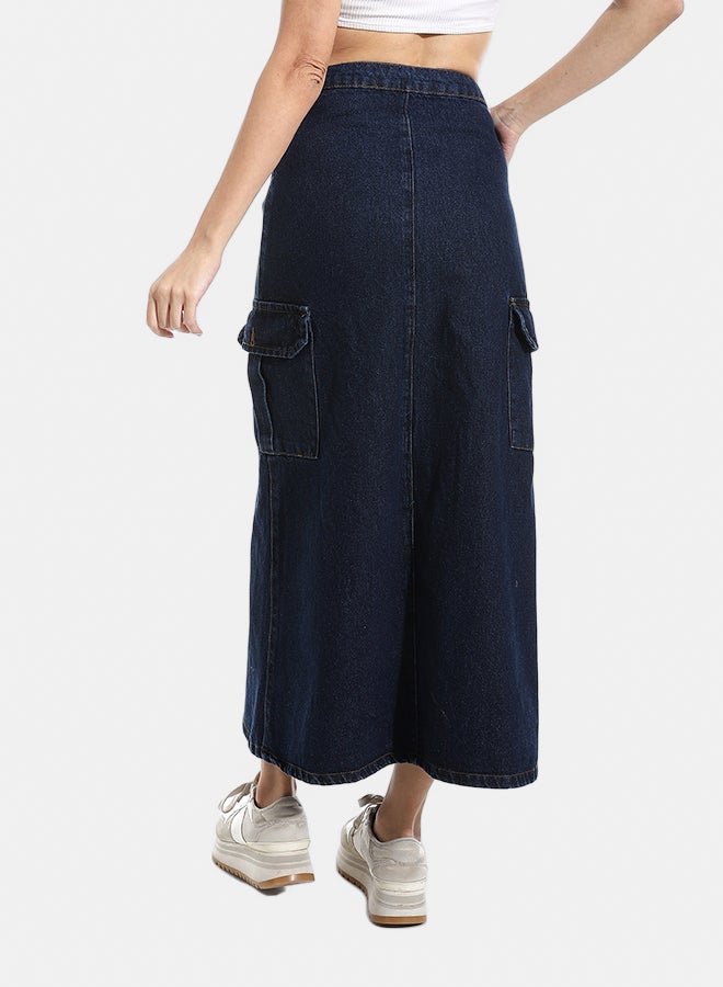 Andora Maxi Slim One Button Closure Denim Skirt - Dark Blue_Dark blue - Image 4