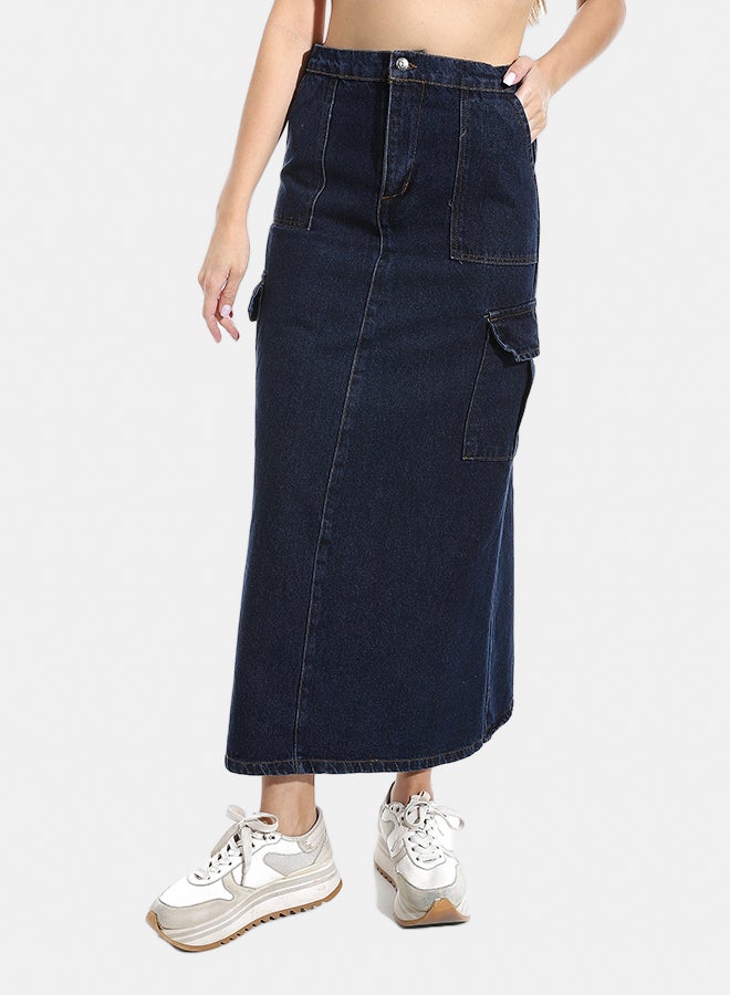 Andora Maxi Slim One Button Closure Denim Skirt - Dark Blue_Dark blue - Image 1