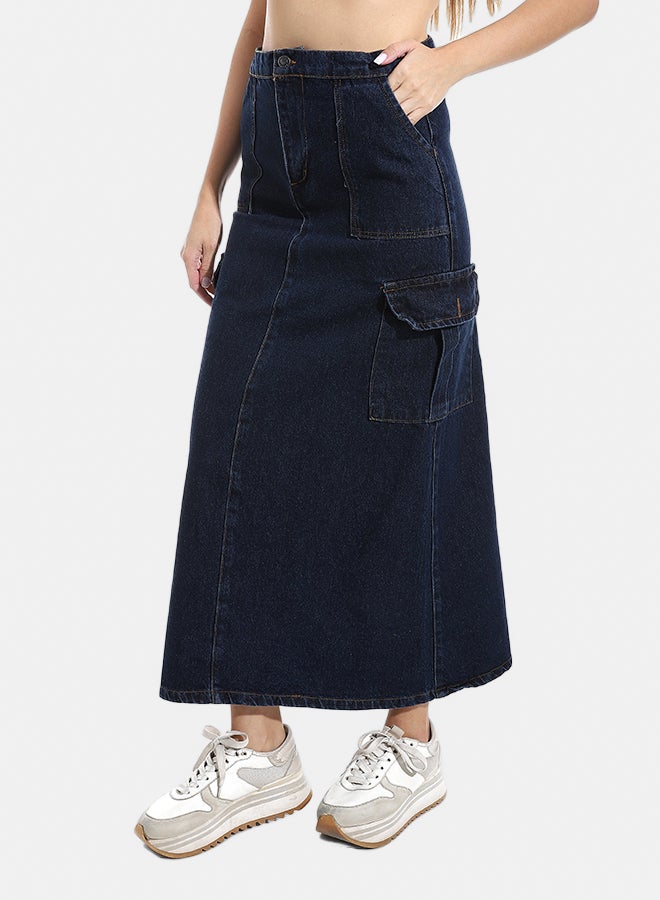 Andora Maxi Slim One Button Closure Denim Skirt - Dark Blue_Dark blue - Image 2
