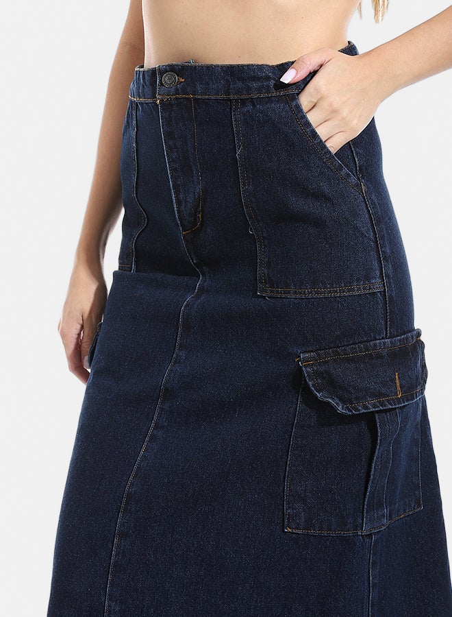 Andora Maxi Slim One Button Closure Denim Skirt - Dark Blue_Dark blue - Image 3