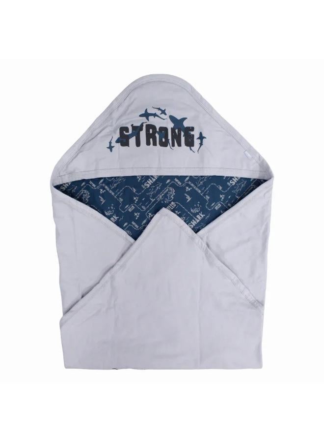 Junior Cotton Baby Blanket – Grey with Blue Sharks Print - Image 1