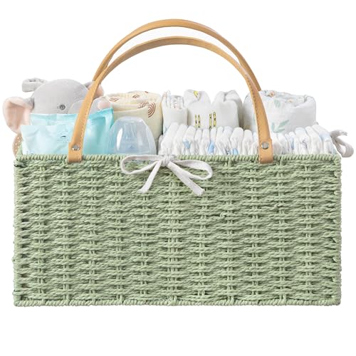 HBlife Large Baby Diaper Caddy Organizer Green Paper Rope Storage Baskets Nursery Bin with Removable Divider Portable Car Organizer for Diapers Baby Shower Gifts Newborn Essentials Must Haves - Image 1