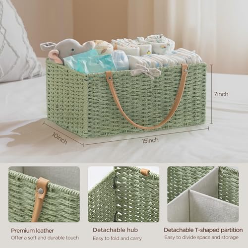 HBlife Large Baby Diaper Caddy Organizer Green Paper Rope Storage Baskets Nursery Bin with Removable Divider Portable Car Organizer for Diapers Baby Shower Gifts Newborn Essentials Must Haves - Image 3
