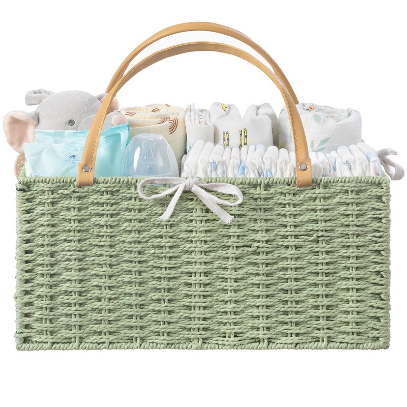 HBlife Large Baby Diaper Caddy Organizer Green Paper Rope Storage Baskets Nursery Bin with Removable Divider Portable Car Organizer for Diapers Baby Shower Gifts Newborn Essentials Must Haves - Image 2