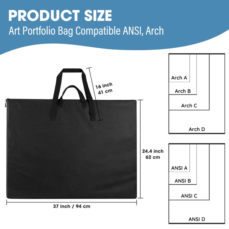 ZKOO 24 x 36 Inch Art Portfolio Bag, Large Size Art Case Light Weight Waterproof Poster Board Storage Bag, Studio Portfolio Tote for Artwork, Poster, Sketch Drawing, Canvas (Black, 2 Pack) - Image 2
