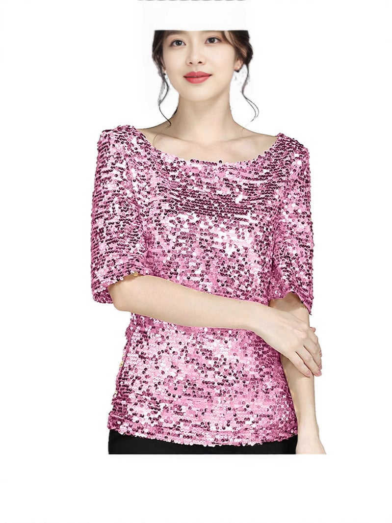 2024 Summer Three-Quarter Sleeve Women'S Solid Color Sequin Round Neck T-Shirt, Fashionable And Versatile Lace - Image 2