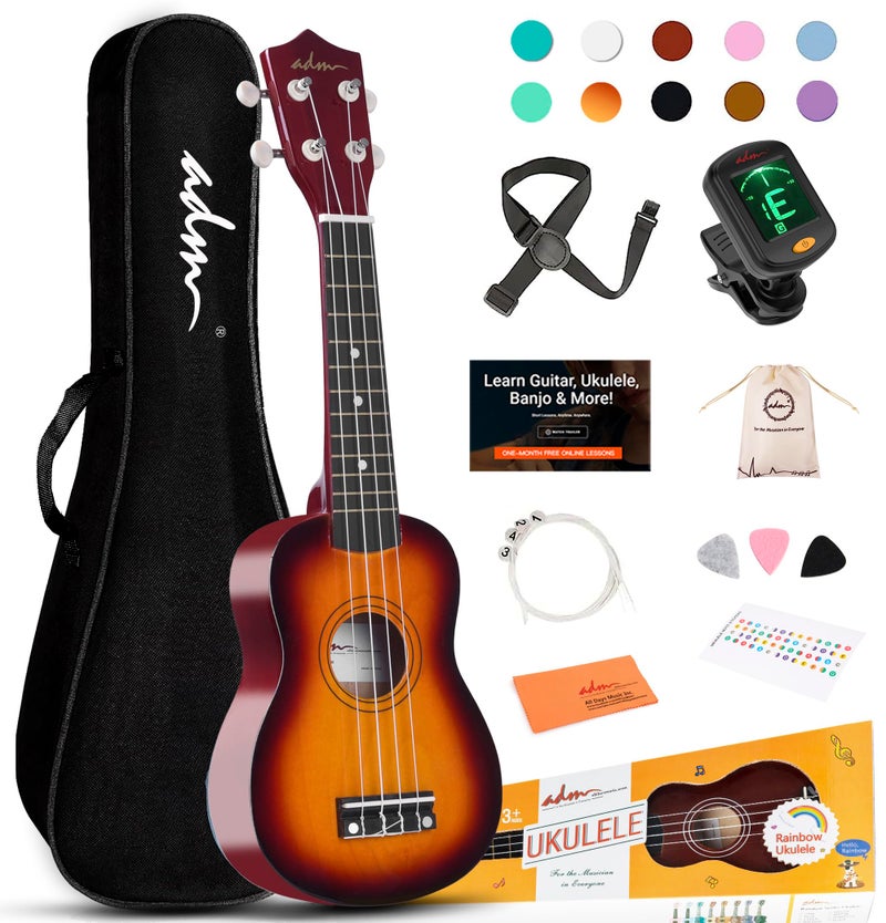 ADM Ukulele for Beginners Hawaiian Wood Ukelele Kit for Kids Adult Student Starter Professional Ukalelee Pack Bundle with Free Lessons Gig Bag Strap Nylon String Tuner Sunset 21 Inch