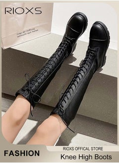 RIOXS Women's Boots, Over The Knee High Boots, Ladies Fashion Casual Leather Boots, Elastic High Boots Back Zipper Lace Up Boots, Thick Mid-heel Rider Boots, Long Tube Knee-Length Boots  - Image 3