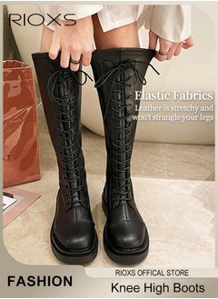RIOXS Women's Boots, Over The Knee High Boots, Ladies Fashion Casual Leather Boots, Elastic High Boots Back Zipper Lace Up Boots, Thick Mid-heel Rider Boots, Long Tube Knee-Length Boots  - Image 4
