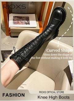 RIOXS Women's Boots, Over The Knee High Boots, Ladies Fashion Casual Leather Boots, Elastic High Boots Back Zipper Lace Up Boots, Thick Mid-heel Rider Boots, Long Tube Knee-Length Boots  - Image 5