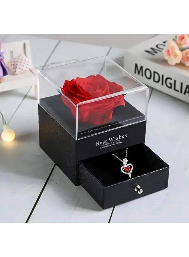 صندوق هدية الوردة الحمراء الأبدية مع قلادة قلب الكريستال والياقوت ليوم الأم والذكرى السنوية - Image 1