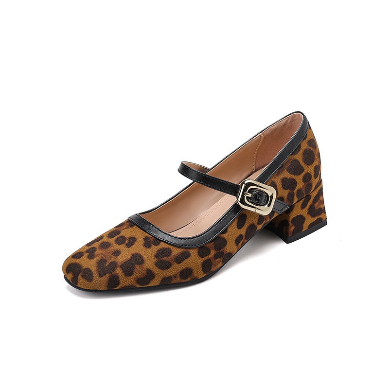 Spring 2025 Independent Station Supply Casual Mid-Heel Shoes 31-43 Size Leopard Square Head Buckle Women'S Single Shoes - Image 1