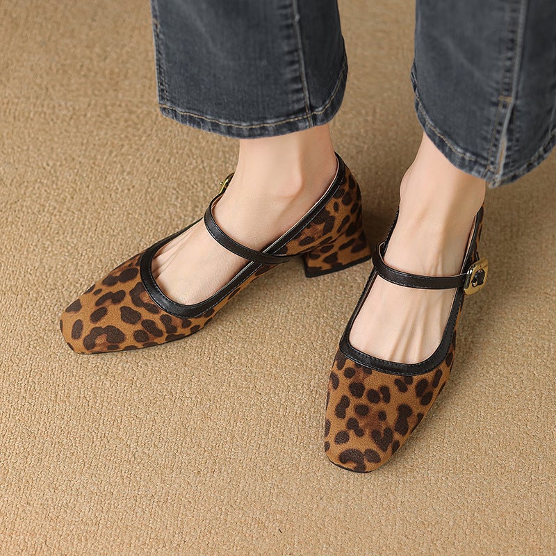 Spring 2025 Independent Station Supply Casual Mid-Heel Shoes 31-43 Size Leopard Square Head Buckle Women'S Single Shoes - Image 5