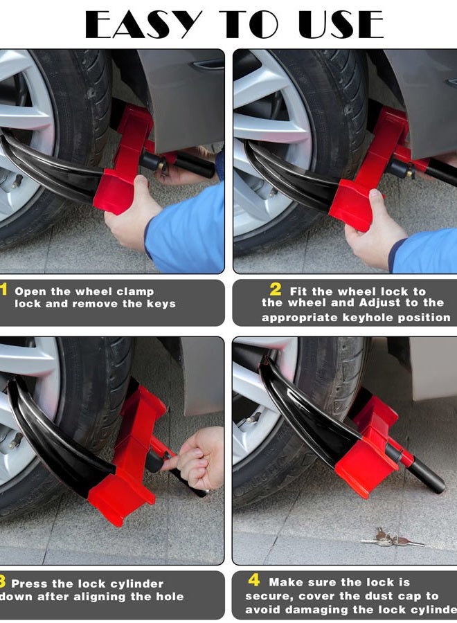Tevlaphee Universal Wheel Lock Heavy Duty Security Trailer Wheel Lock Tires Anti Theft for Car SUV Boat Motorcycle Golf Cart Great Deterrent Bright Color with 3 Keys (Black-red) - Image 5